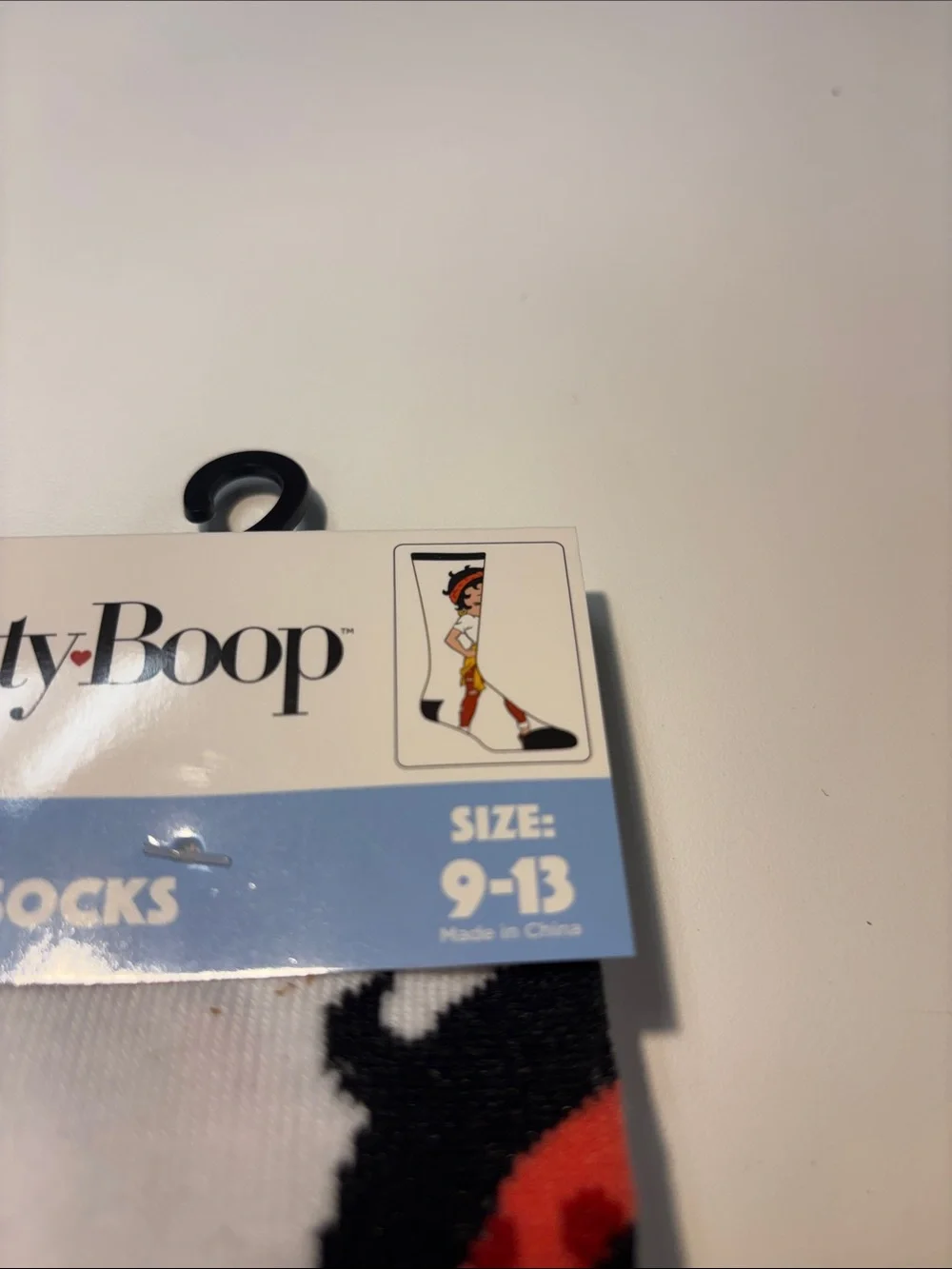 Betty Boop White Crew Socks with Black Toe and Red Hair Accent